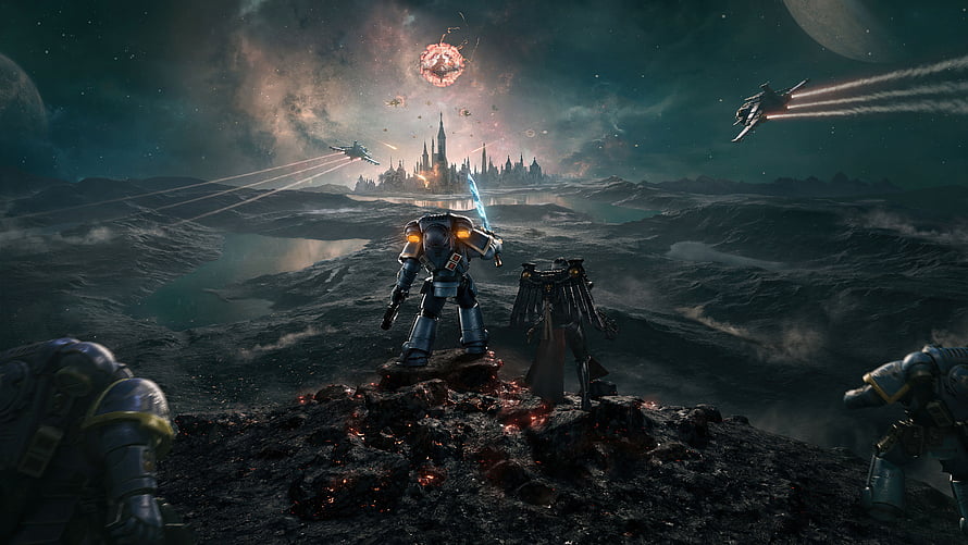 Roboute Guilliman and Space Marine overlooking a gothic fortress during a space battle in Warhammer 40K HD wallpaper
