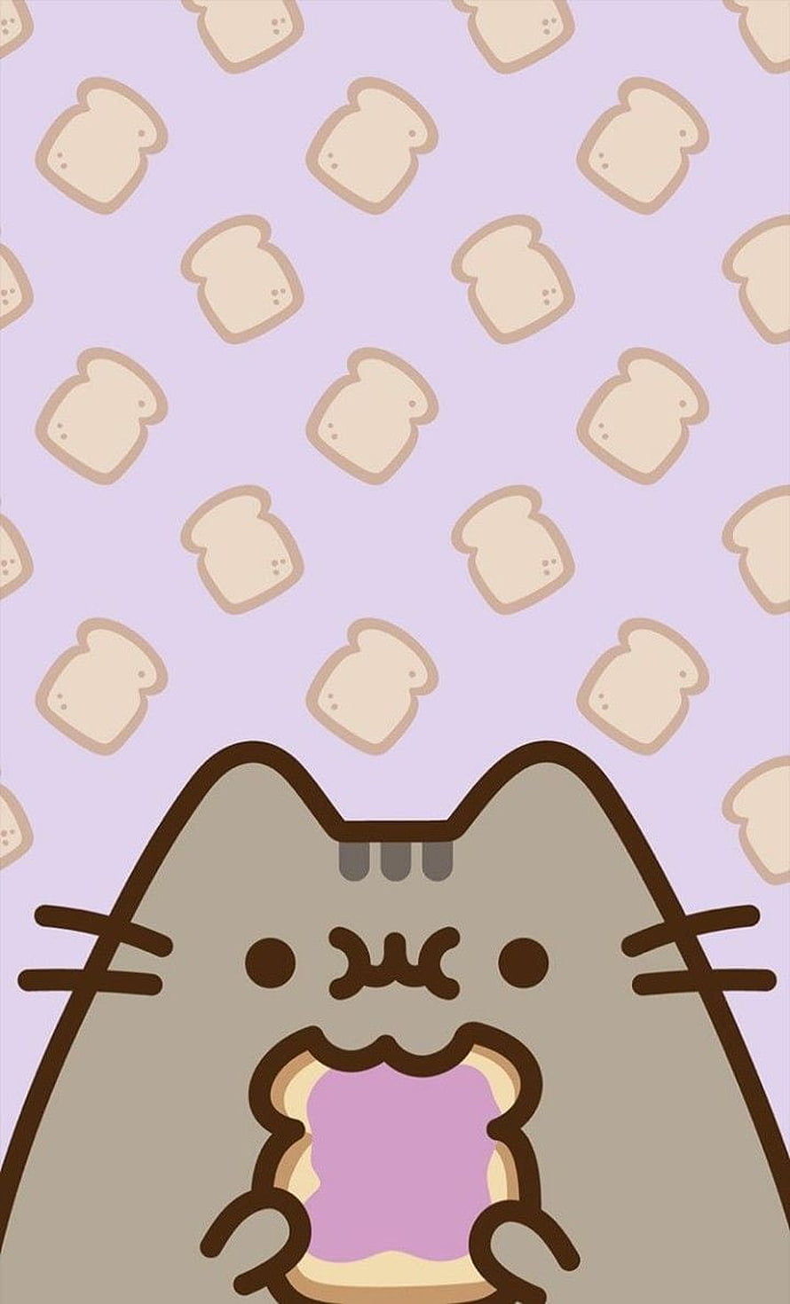 Pusheen Cat Holding Bread Slice on Lavender Patterned Background HD phone wallpaper