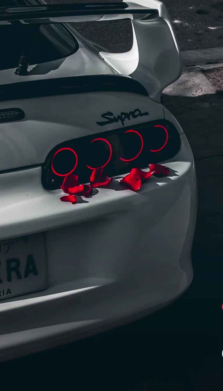 White Toyota Supra MK4 Rear Detail with Red Rose Petals and Glowing Taillights HD phone wallpaper