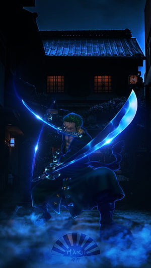 Roronoa Zoro Wielding Three Glowing Swords in a Dark Japanese Alley at Night HD phone wallpaper