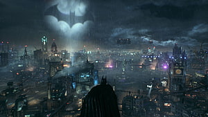 Batman overlooking Gotham City skyline with Bat-Signal in rainy night, Gotham City, Batman Gotham City HD wallpaper