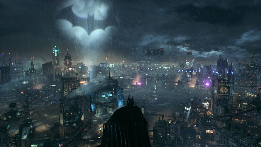Batman overlooking Gotham City skyline with Bat-Signal in rainy night, Gotham City, Batman Gotham City HD wallpaper