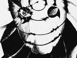 Obito Kamui Black and White Anime Illustration with Distorted Eyes and Grin HD wallpaper