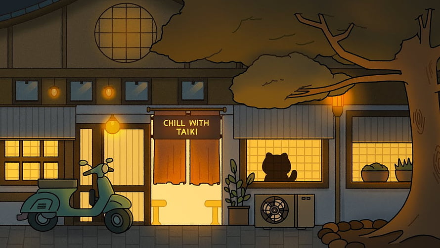 Cozy Japanese Cafe at Night with Taiki and a Parked Scooter in Warm Lofi Style HD wallpaper