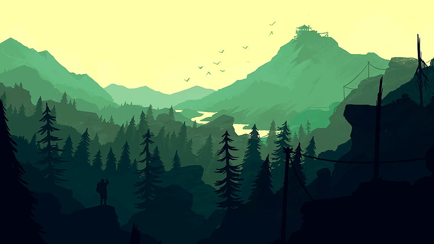 Stylized Mountain Valley Landscape with Silhouetted Forest and Distant Cabin HD wallpaper