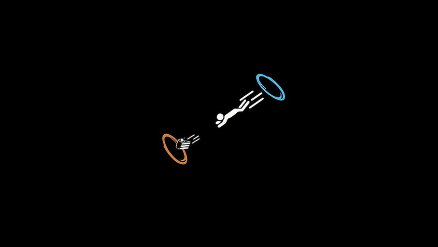 Minimalist Portal Game Artwork Featuring Glitchy Character and Neon Rings on Black Background HD wallpaper