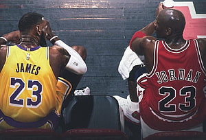 LeBron James and Michael Jordan seated on the bench in Lakers and Bulls jerseys HD wallpaper