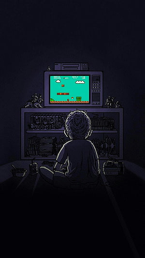 Nostalgic Boy Playing Retro Video Game on CRT Television in Dark Room HD phone wallpaper