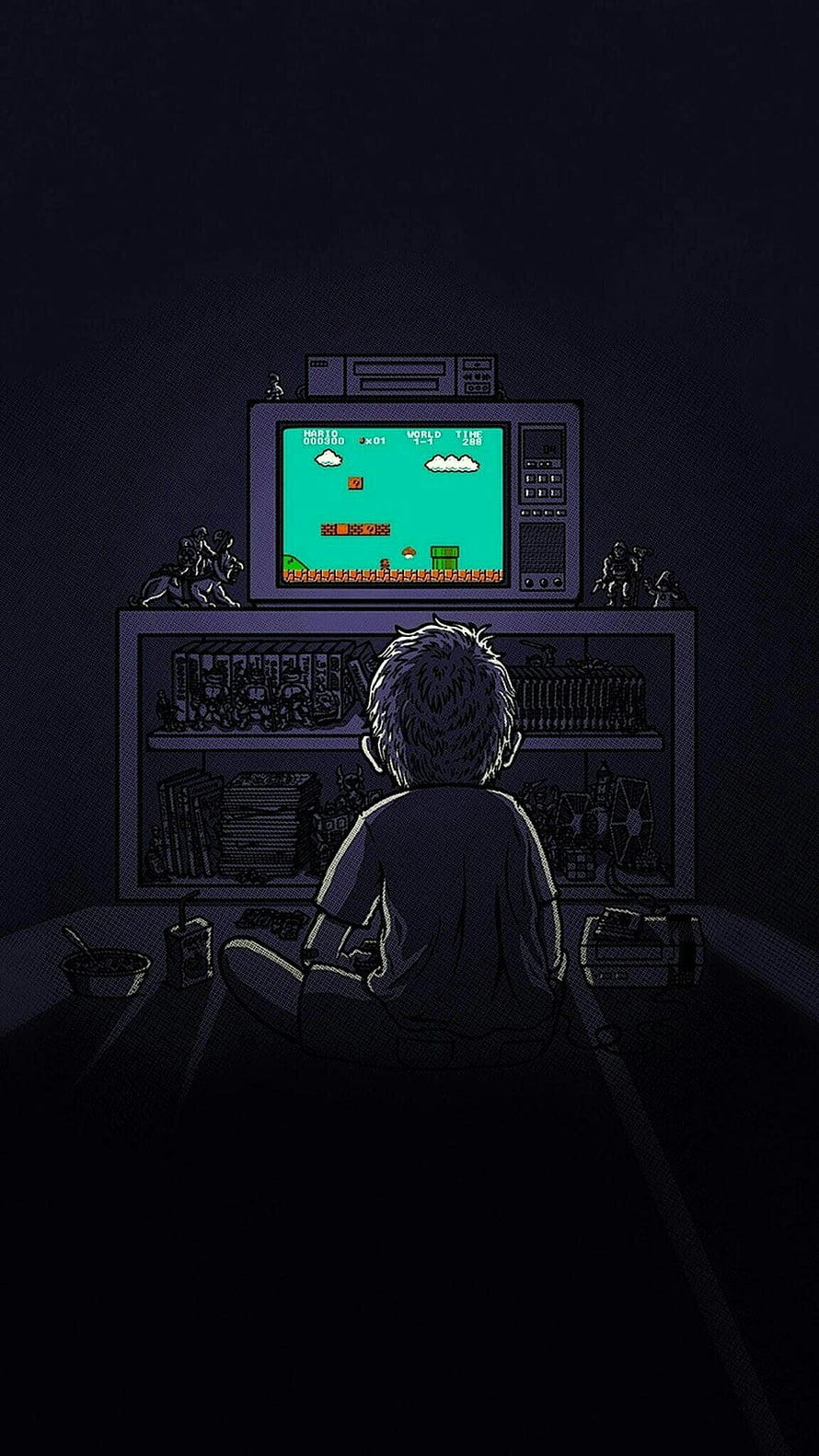 Nostalgic Boy Playing Retro Video Game on CRT Television in Dark Room HD phone wallpaper