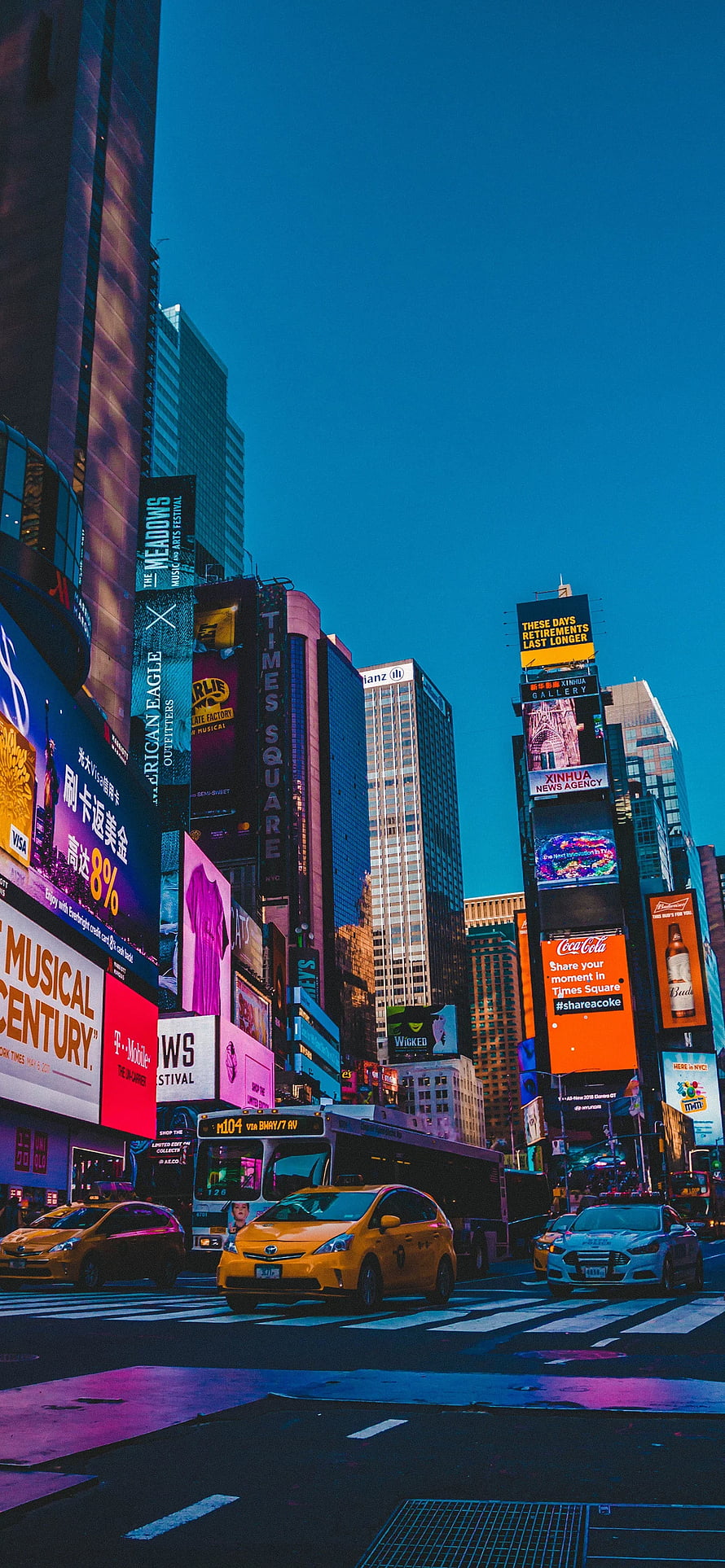 Vibrant Times Square New York City Night Scene with Neon Billboards and Yellow Taxis HD phone wallpaper