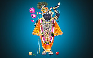 Shrinathji Devotee Artwork with Lotus and Peacock Crown on Teal Background HD wallpaper