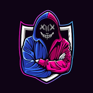 Neon Hooded Figure Gaming Logo with Crossed Eyes and Stitches HD phone wallpaper
