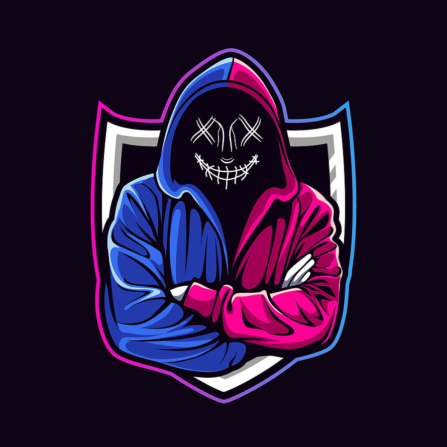 Neon Hooded Figure Gaming Logo with Crossed Eyes and Stitches HD phone wallpaper