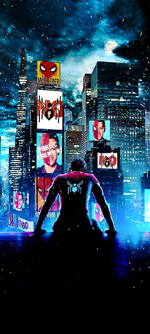 Spider-Man No Way Home Concept Art Featuring Tom Holland in a Neon Cityscape, Spiderman, tom holland, no way home, nwh HD phone wallpaper
