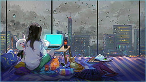 Girl with Laptop and Cat on Bed in Rainy City Apartment HD wallpaper