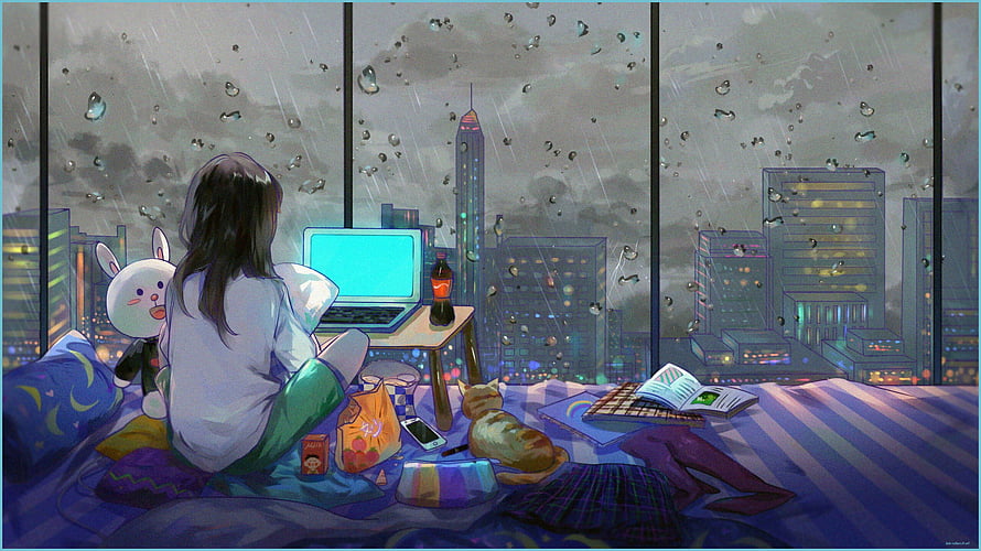 Girl with Laptop and Cat on Bed in Rainy City Apartment HD wallpaper