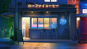 LoFi Late Night Coffee Shop with Neon Sign and Rainy Street Atmosphere HD wallpaper