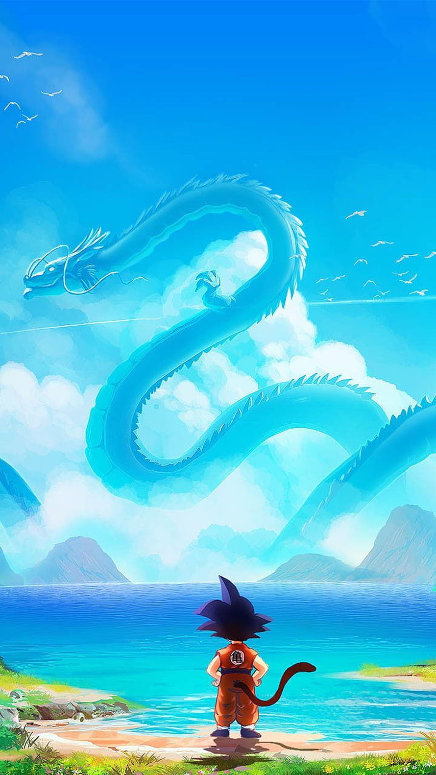 Kid Goku Staring at Shenron in the Sky Over a Tropical Coastline HD phone wallpaper