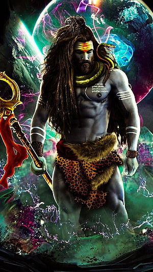 Lord Shiva Digital Art with Trishul and Cosmic Nebula Background HD phone wallpaper