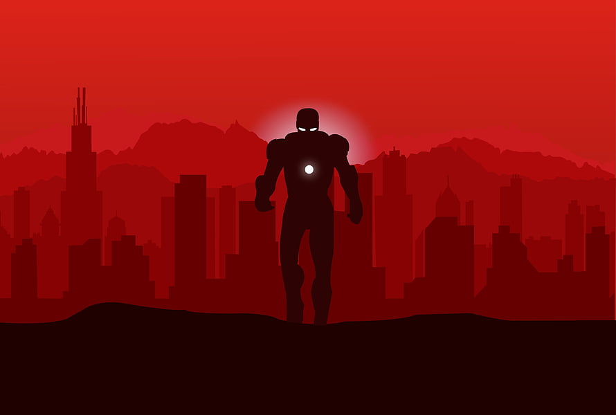 Iron Man Silhouette Against Red City Skyline Minimalist Marvel Art HD wallpaper