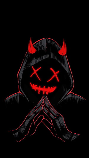 Glowing Red Demon Hoodie Figure with X Eyes and Stitched Mouth in Dark Illustration HD phone wallpaper