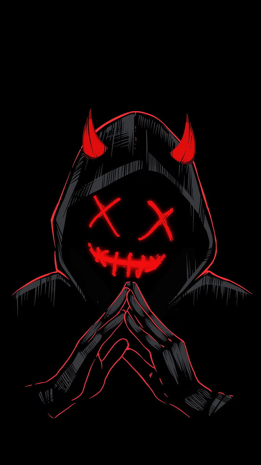 Glowing Red Demon Hoodie Figure with X Eyes and Stitched Mouth in Dark Illustration HD phone wallpaper