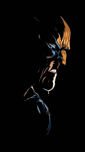 Wolverine Dark Profile Illustration with Golden Mask and Blue Accents HD phone wallpaper