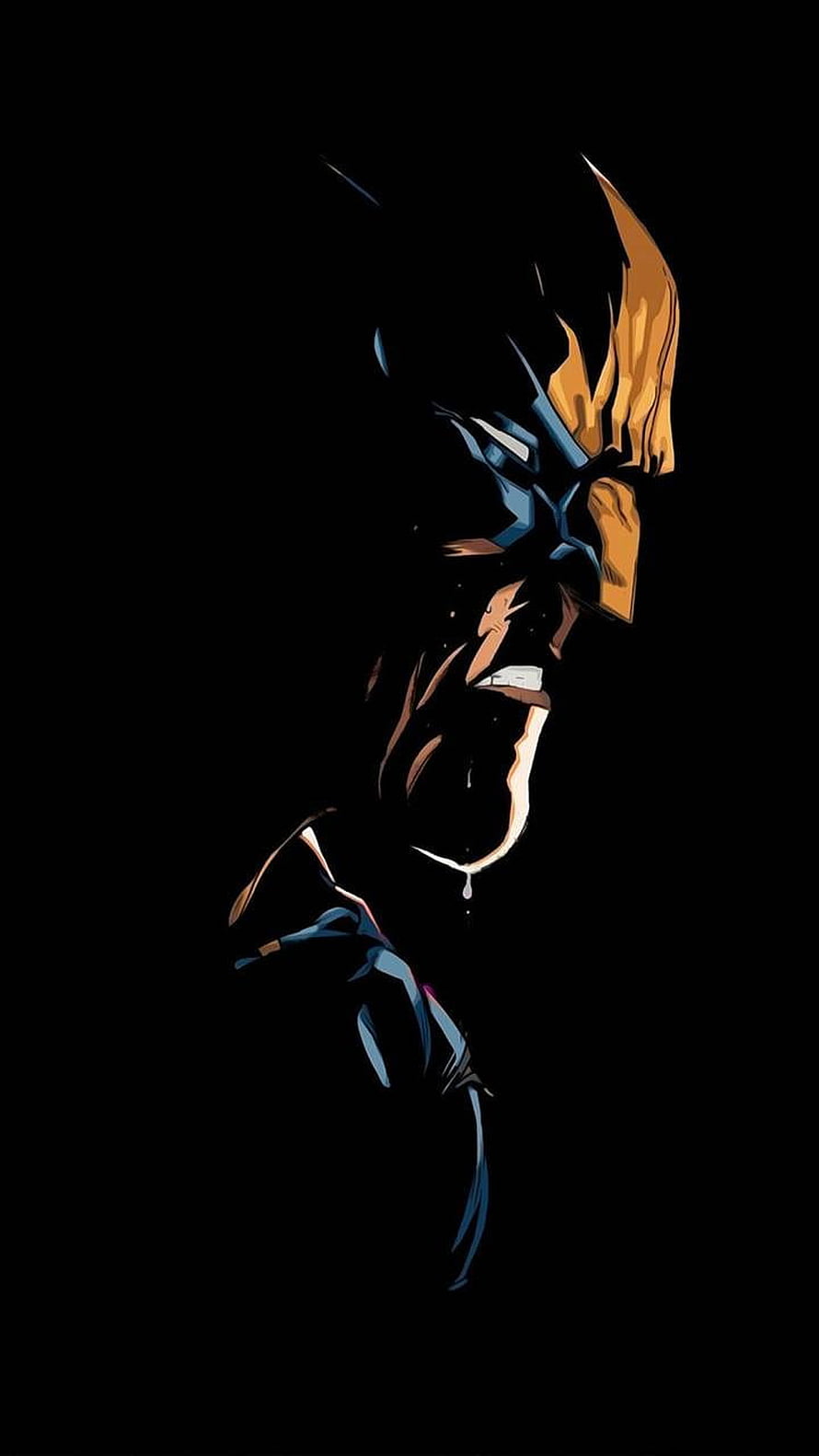 Wolverine Dark Profile Illustration with Golden Mask and Blue Accents HD phone wallpaper