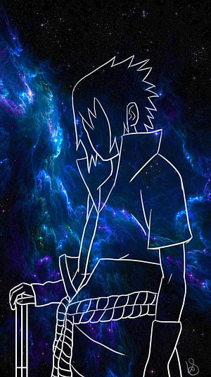 White Line Art Anime Character Standing Against Vibrant Cosmic Nebula Background HD phone wallpaper