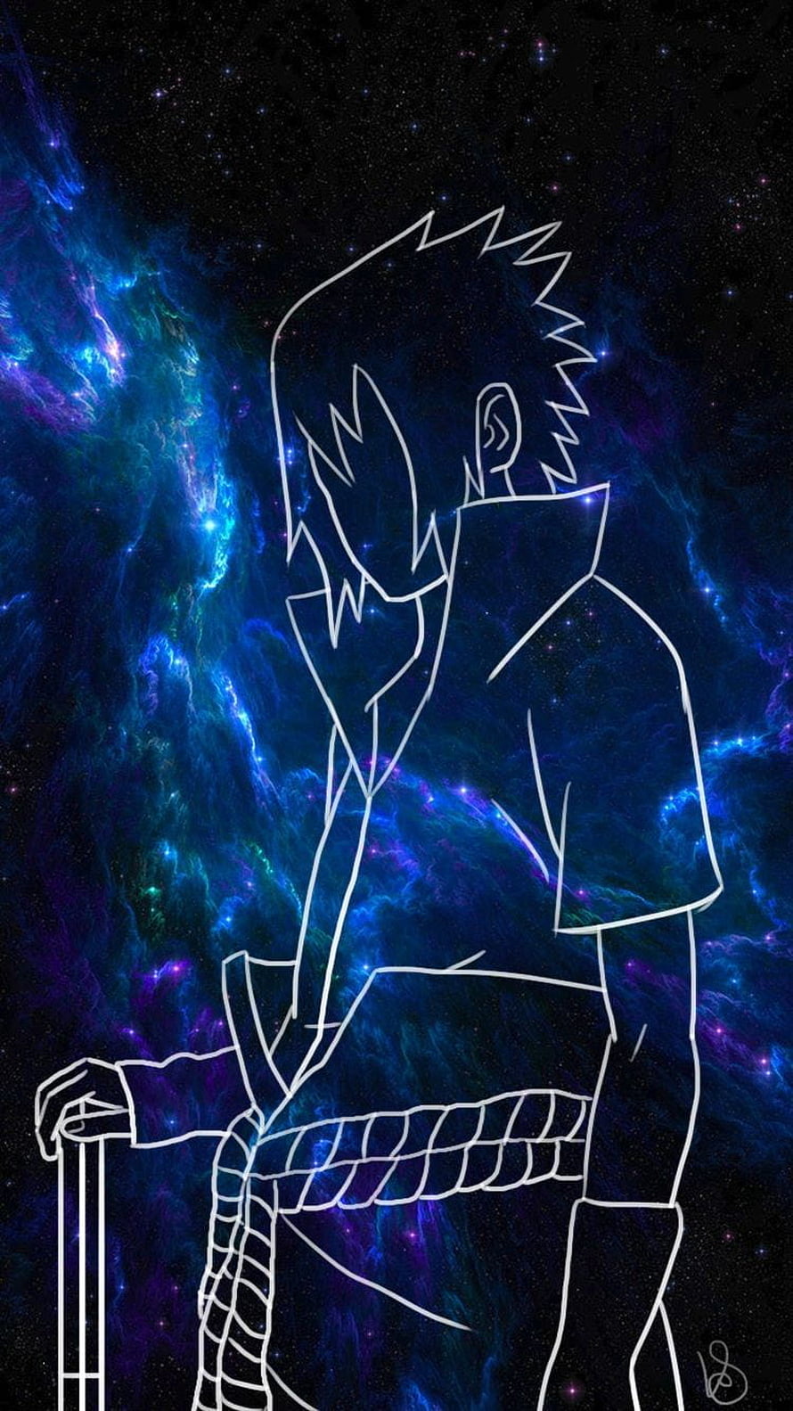 White Line Art Anime Character Standing Against Vibrant Cosmic Nebula Background HD phone wallpaper