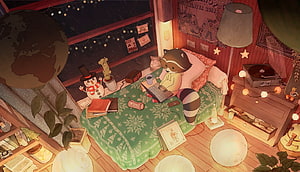 Cozy Raccoon Bedroom Scene with Laptop and Snowman in Warm Winter Illustration HD wallpaper