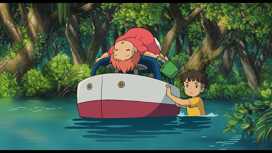 Ponyo and Sosuke in a small boat drifting through a lush forest river HD wallpaper
