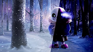 Sans from Undertale in a snowy forest with a dramatic light and shadow split HD wallpaper