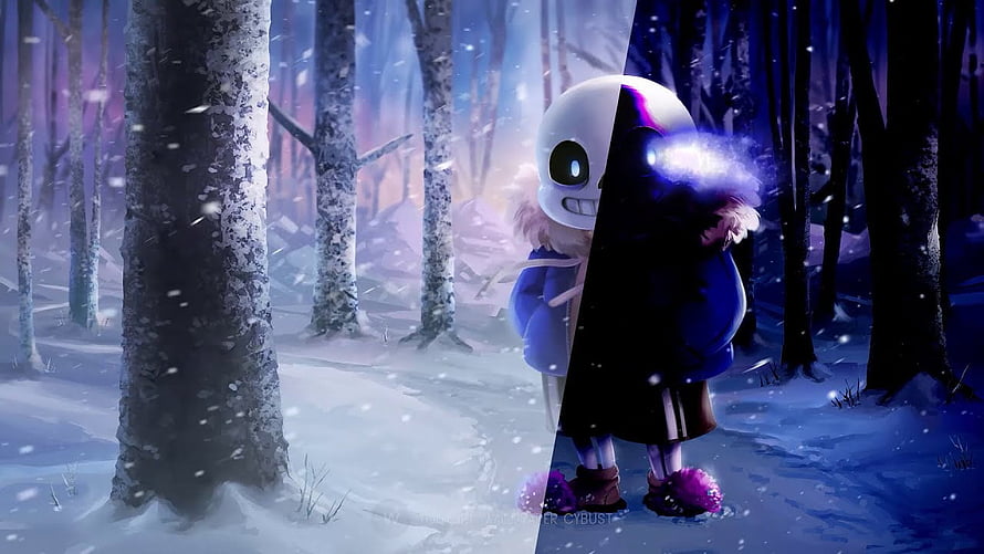 Sans from Undertale in a snowy forest with a dramatic light and shadow split HD wallpaper
