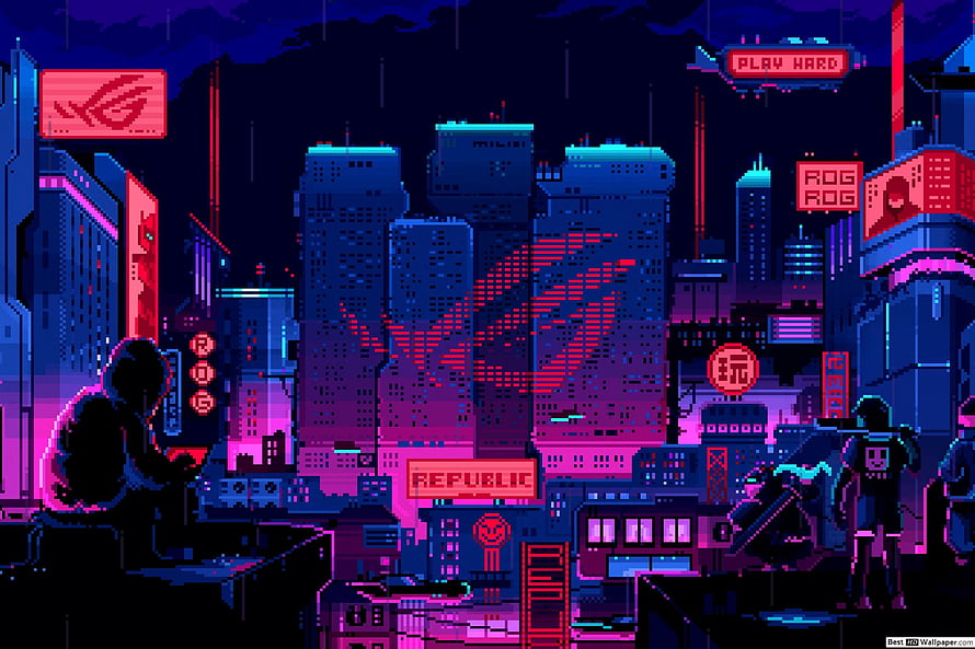 Asus ROG Republic of Gamers Pixel Art Cyberpunk Cityscape with Neon Signs HD wallpaper