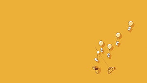 Cute Cartoon Characters Floating with Balloons on a Warm Yellow Background HD wallpaper