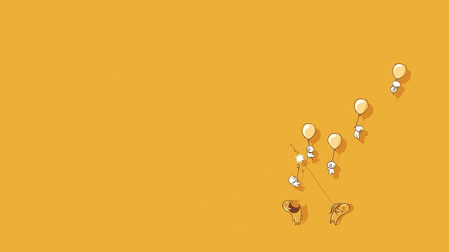 Cute Cartoon Characters Floating with Balloons on a Warm Yellow Background HD wallpaper