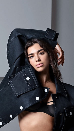 Dua Lipa in Black Denim Jacket and Bralette Studio Portrait HD phone wallpaper