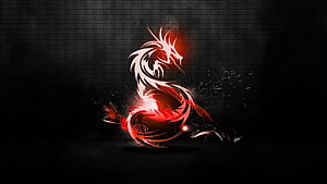 Red and White Tribal Dragon Artwork on Dark Background HD wallpaper