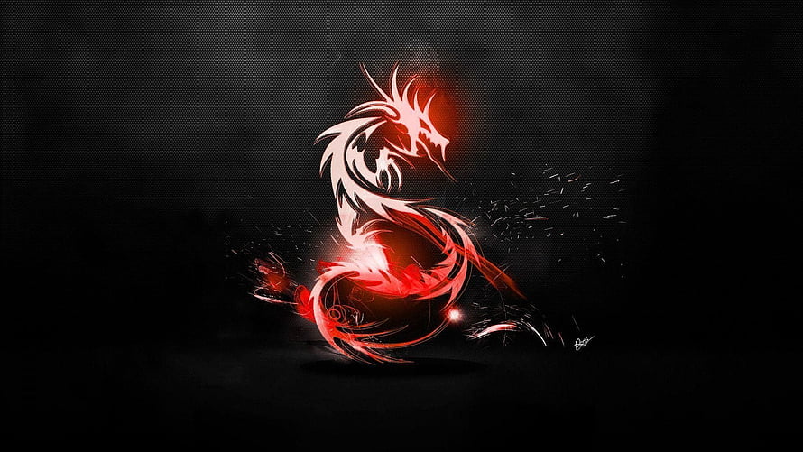 Red and White Tribal Dragon Artwork on Dark Background HD wallpaper