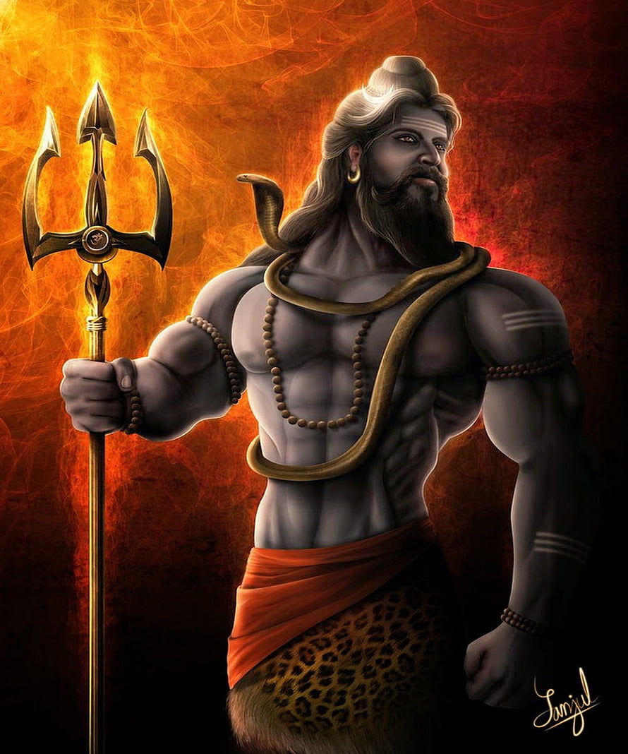 Lord Shiva Digital Art with Trishul and Serpent Against Fiery Background HD phone wallpaper