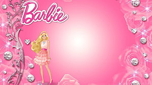 Barbie Doll in Pink Dress with Roses and Sparkling Diamonds on a Soft Pink Background HD wallpaper