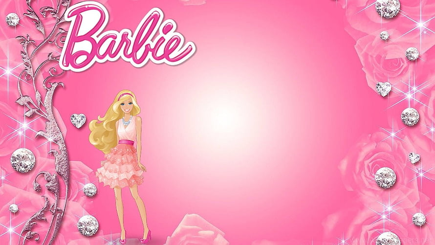 Barbie Doll in Pink Dress with Roses and Sparkling Diamonds on a Soft Pink Background HD wallpaper