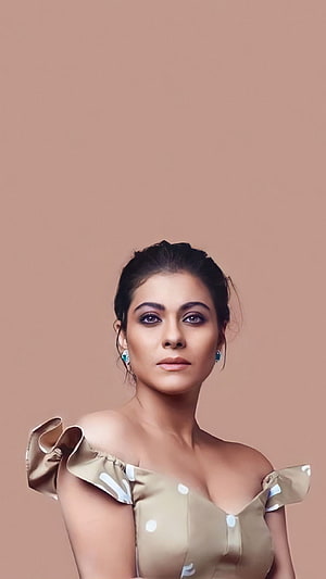 Kajol Devgan Elegant Portrait in Gold Polka Dot Off-Shoulder Dress HD phone wallpaper