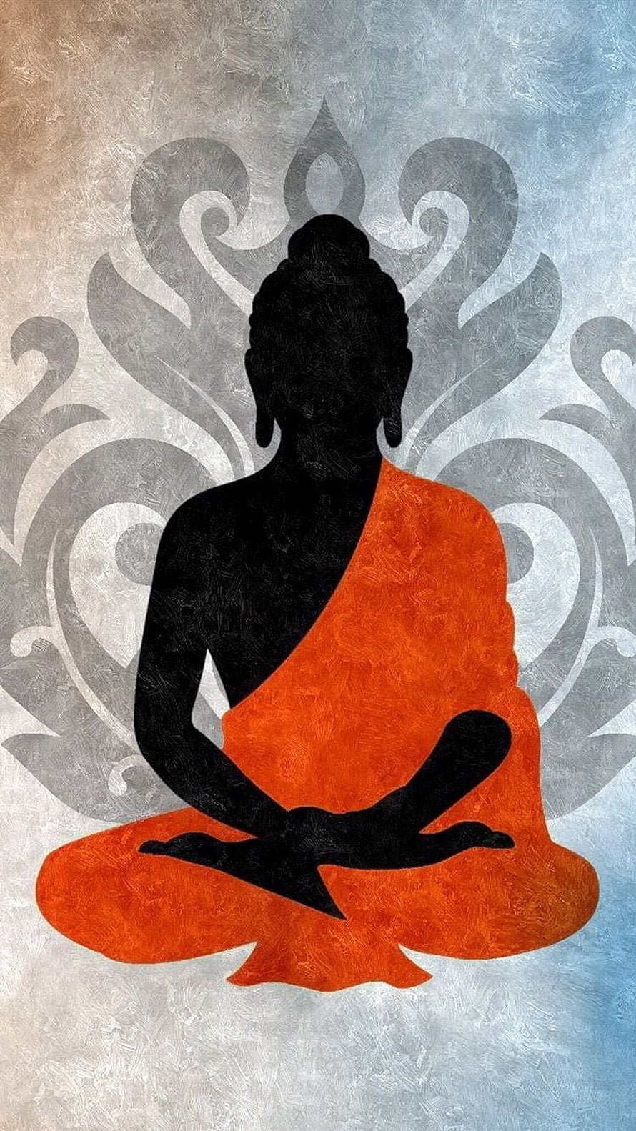 Meditating Buddha Silhouette in Orange Robe with Ornate Floral Background HD phone wallpaper