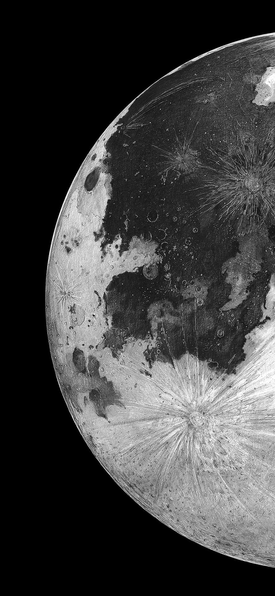 Detailed Lunar Surface Close-Up with Craters and Mare in Black and White HD phone wallpaper