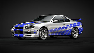 Nissan Skyline R34 GT-R Silver and Blue Livery Studio Render HD wallpaper