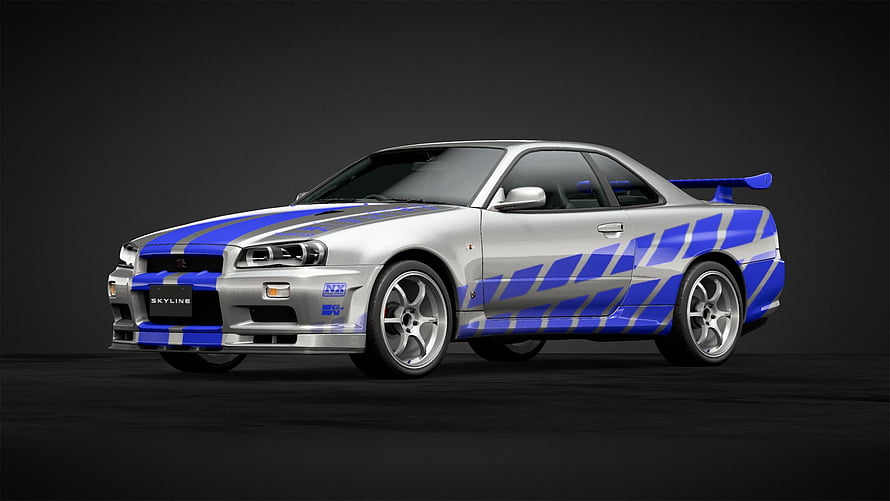 Nissan Skyline R34 GT-R Silver and Blue Livery Studio Render HD wallpaper