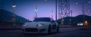 White Toyota Supra MK4 with Neon Headlights Parked at Dusk HD wallpaper