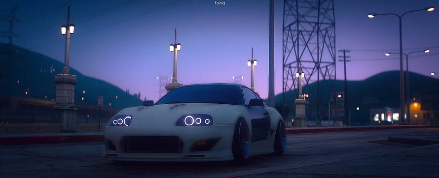 White Toyota Supra MK4 with Neon Headlights Parked at Dusk HD wallpaper
